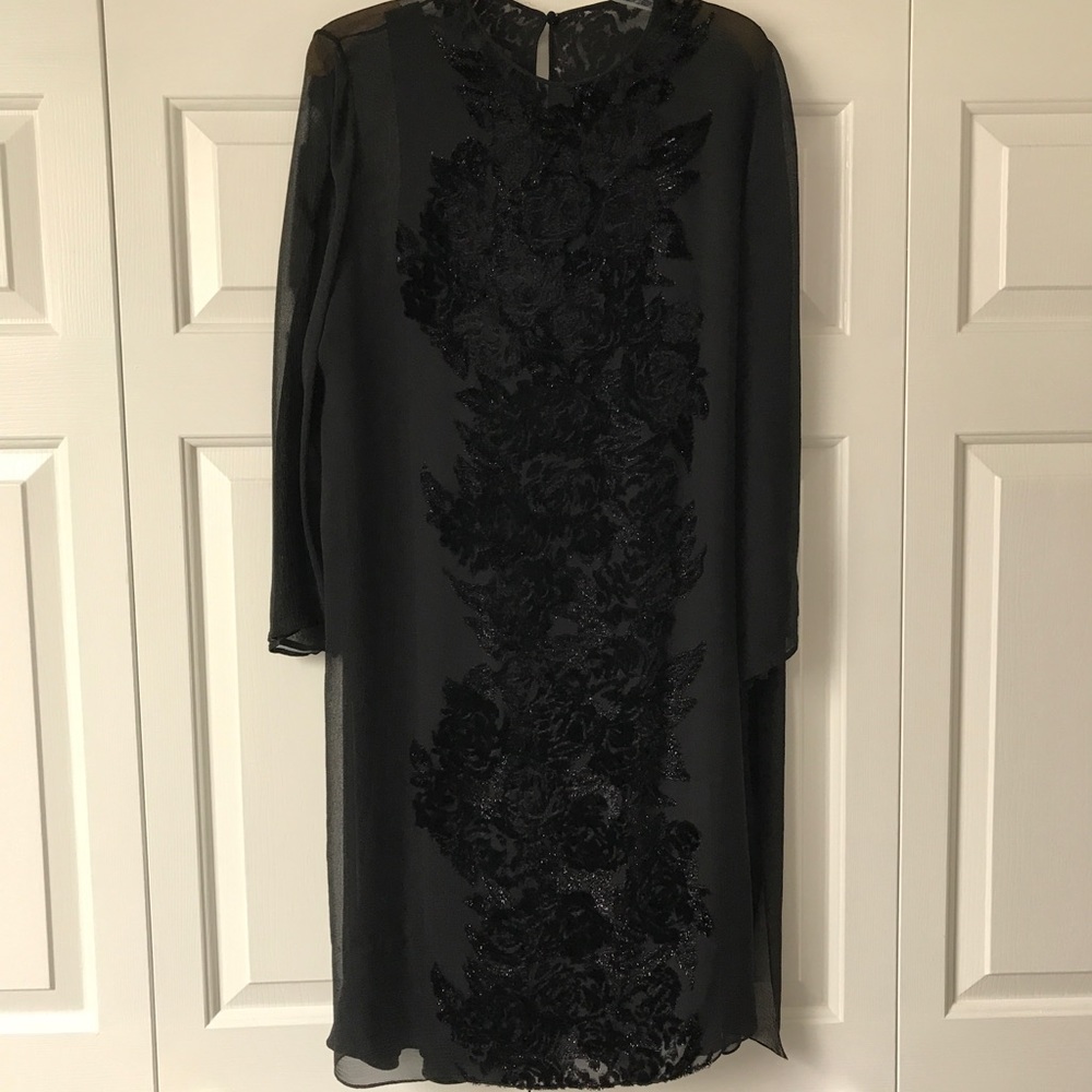 Black tank dress with sheer embroidered overlay